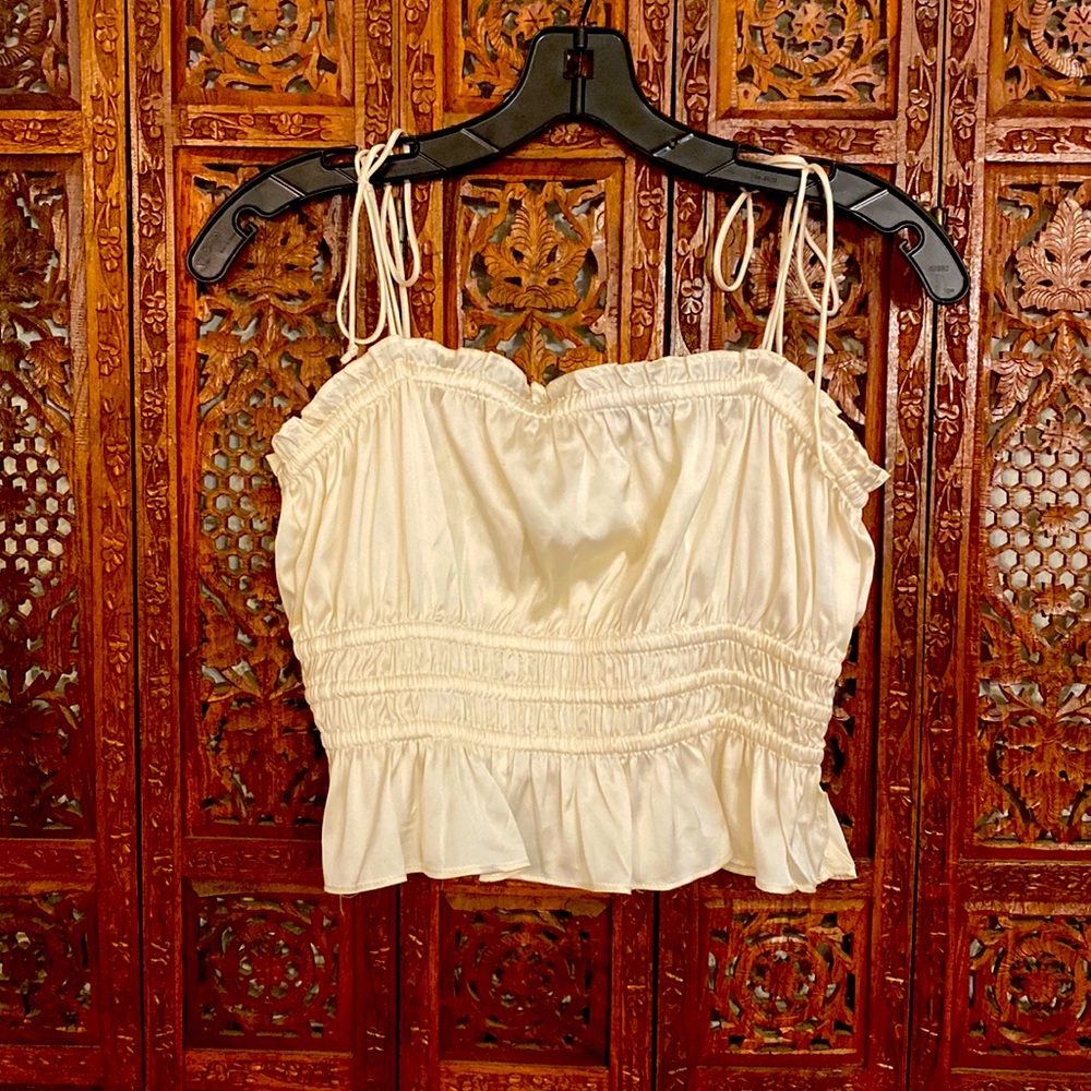 Satin Smocked Waist Tie Shoulder Crop Top